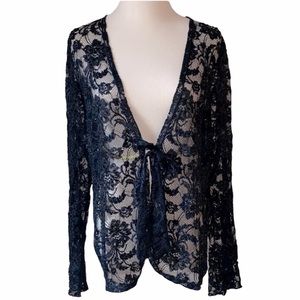BASLER Black Lace Beaded Cardigan Jacket Evening Witchy Size Medium Large